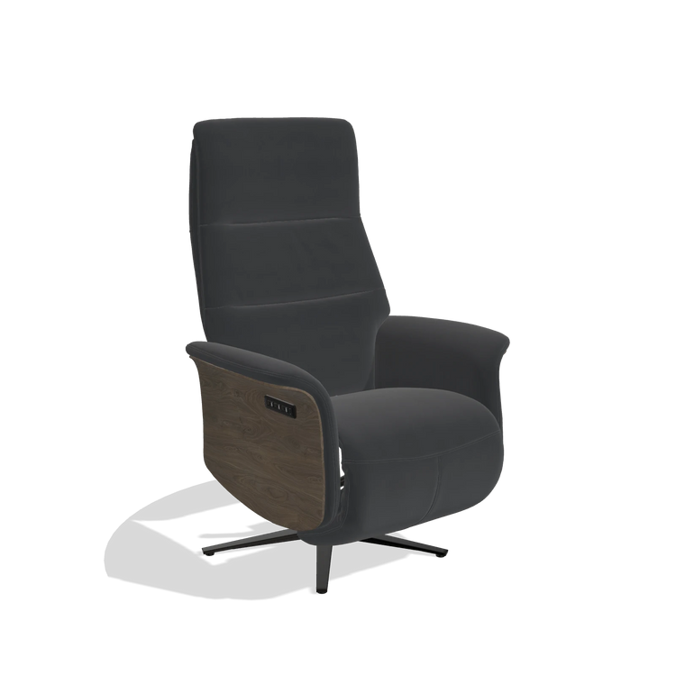 Recliner Atlas 6685 in Leather B900 (black), walnut wood side panels, black metal base, angled view