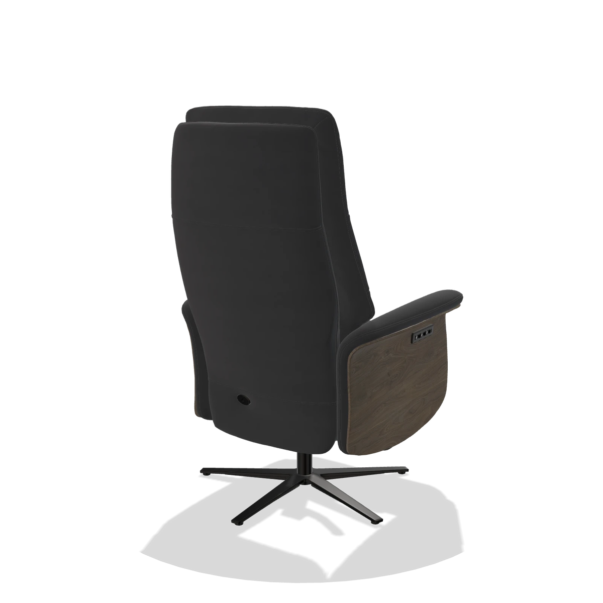 Recliner Atlas 6685 in Leather B900 (black), walnut wood side panels, black metal base, back angled view