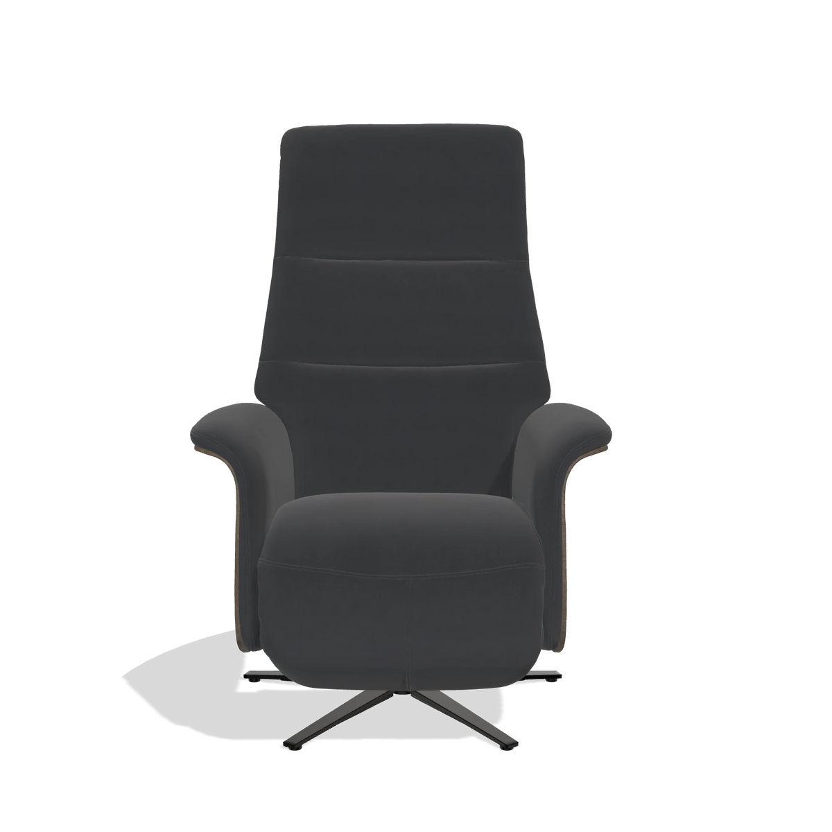 Recliner Atlas 6685 in Leather B900 (black), walnut wood side panels, black metal base, front view