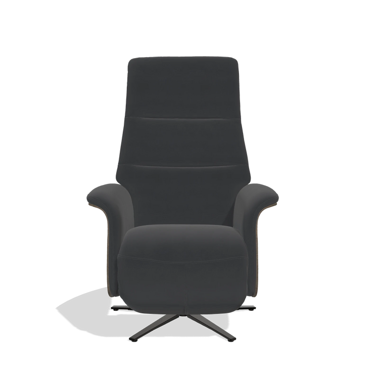 Recliner Atlas 6685 in Leather B900 (black), walnut wood side panels, black metal base, front view