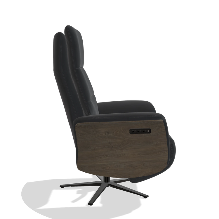Recliner Atlas 6685 in Leather B900 (black), walnut wood side panels, black metal base, side view