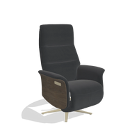 Recliner Atlas 6685 in Leather B900 (black), walnut wood side panels, champagne metal base, angled view