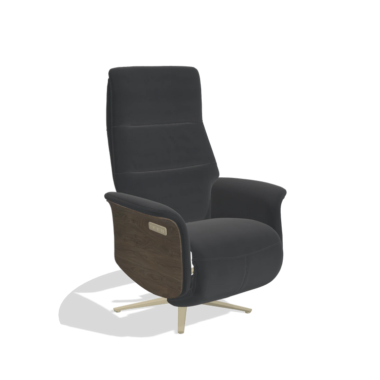 Recliner Atlas 6685 in Leather B900 (black), walnut wood side panels, champagne metal base, angled view