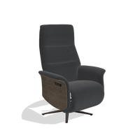 Recliner Atlas 6685 in Leather B900 (black), walnut wood side panels, espresso metal base, angled view