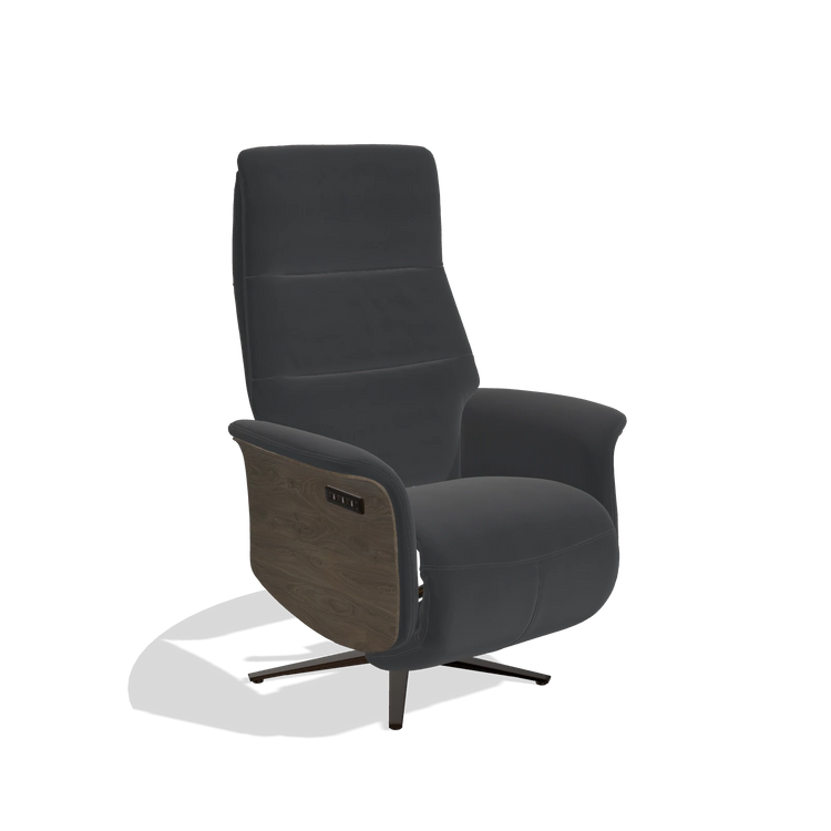 Recliner Atlas 6685 in Leather B900 (black), walnut wood side panels, espresso metal base, angled view