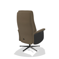 Recliner Atlas 6685 in Leather B901 (olive), black wood side panels, black metal base, back angled view