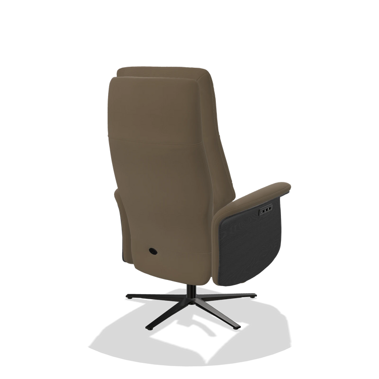 Recliner Atlas 6685 in Leather B901 (olive), black wood side panels, black metal base, back angled view