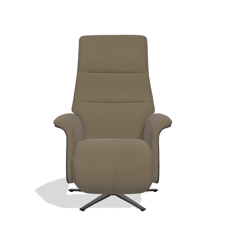 Recliner Atlas 6685 in Leather B901 (olive), black wood side panels, black metal base, front view