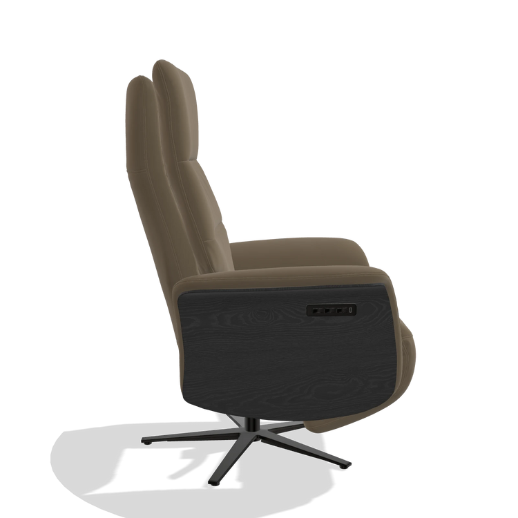 Recliner Atlas 6685 in Leather B901 (olive), black wood side panels, black metal base, side view