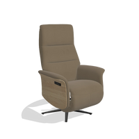 Recliner Atlas 6685 in Leather B901 (olive), natural wood side panels, black metal base, angled view