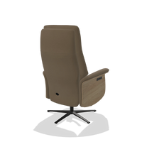 Recliner Atlas 6685 in Leather B901 (olive), natural wood side panels, black metal base, back angled view