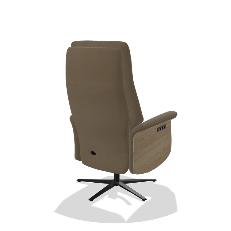 Recliner Atlas 6685 in Leather B901 (olive), natural wood side panels, black metal base, back angled view