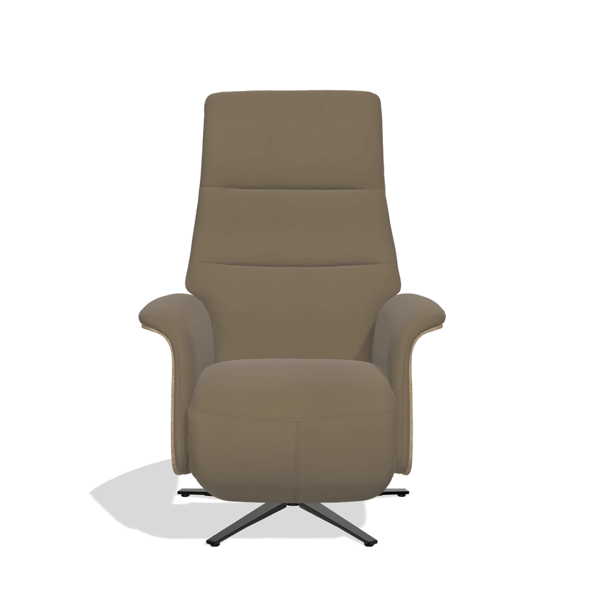 Recliner Atlas 6685 in Leather B901 (olive), natural wood side panels, black metal base, front view