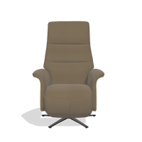 Recliner Atlas 6685 in Leather B901 (olive), natural wood side panels, black metal base, front view