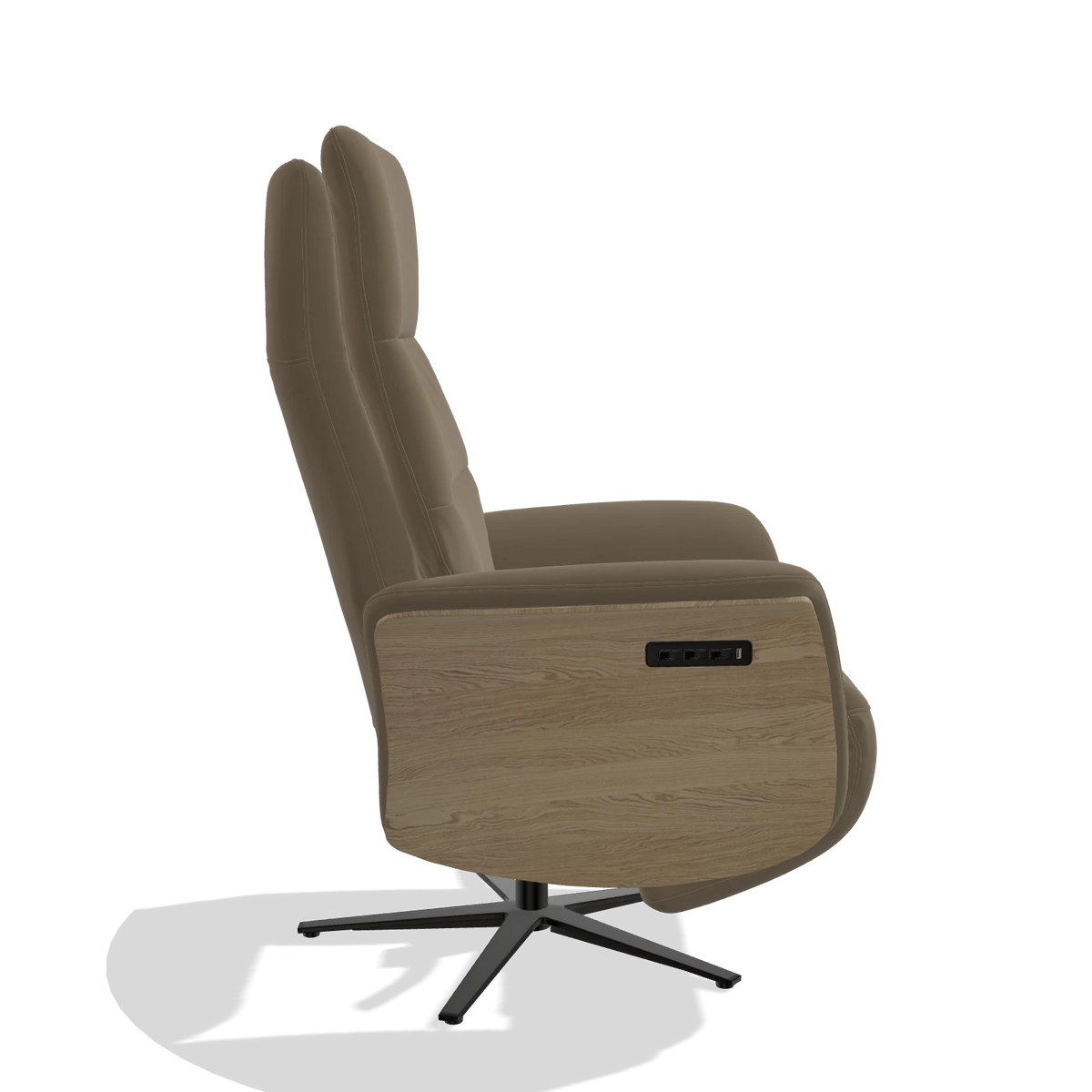 Recliner Atlas 6685 in Leather B901 (olive), natural wood side panels, black metal base, side view