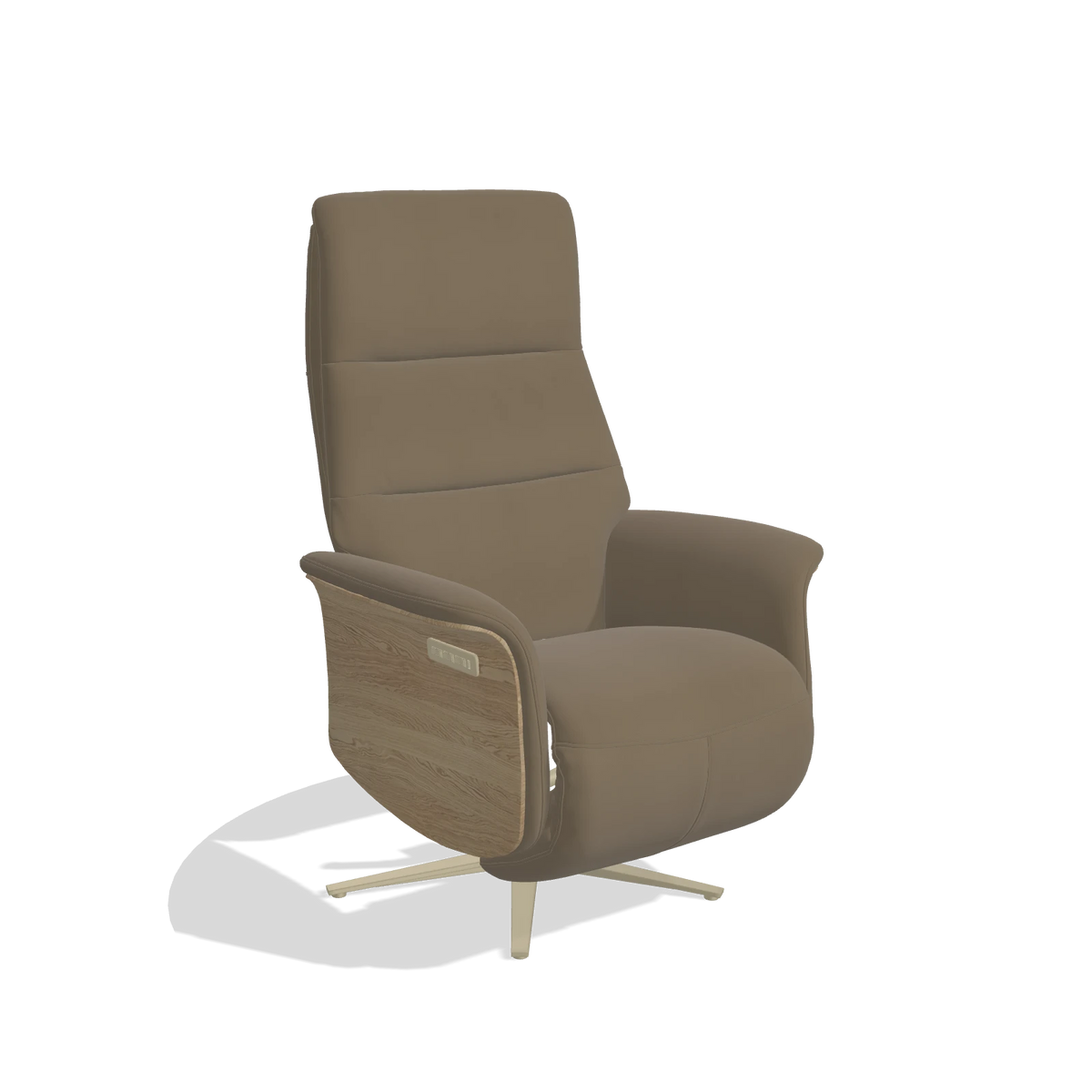 Recliner Atlas 6685 in Leather B901 (olive), natural wood side panels, champagne metal base, angled view