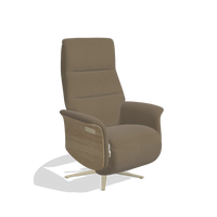 Recliner Atlas 6685 in Leather B901 (olive), natural wood side panels, champagne metal base, angled view
