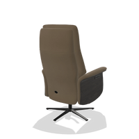 Recliner Atlas 6685 in Leather B901 (olive), tobacco wood side panels, black metal base, back angled view