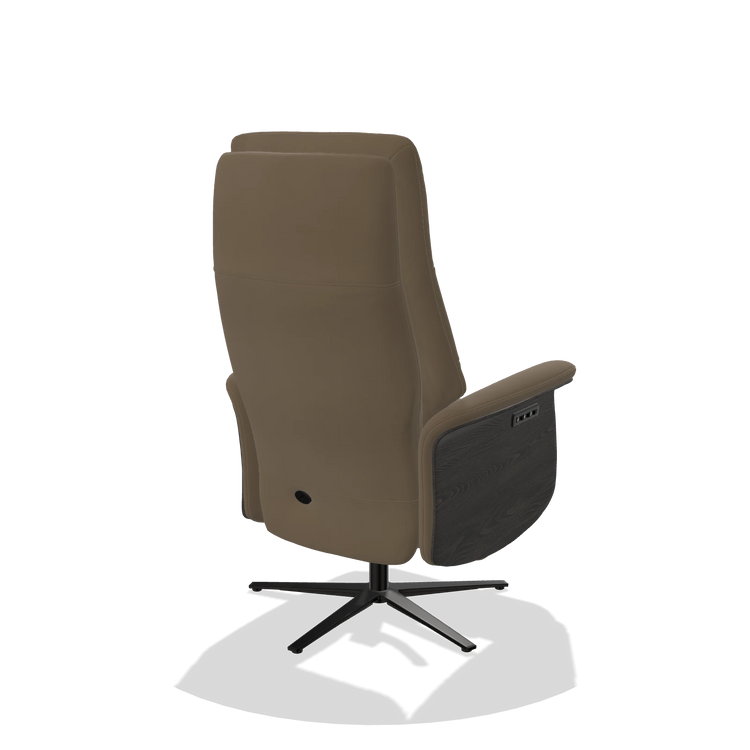Recliner Atlas 6685 in Leather B901 (olive), tobacco wood side panels, black metal base, back angled view