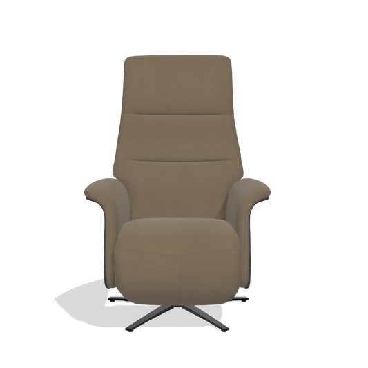 Sillón reclinable Atlas 6685 en Piel B901 (oliva), paneles laterales de madera en tabaco, base metálica en negro, vista frontal