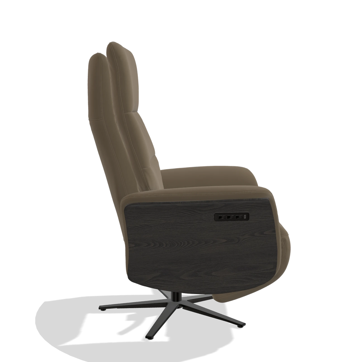 Recliner Atlas 6685 in Leather B901 (olive), tobacco wood side panels, black metal base, side view