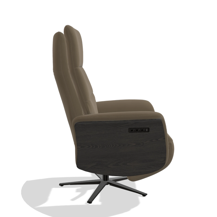 Recliner Atlas 6685 in Leather B901 (olive), tobacco wood side panels, black metal base, side view
