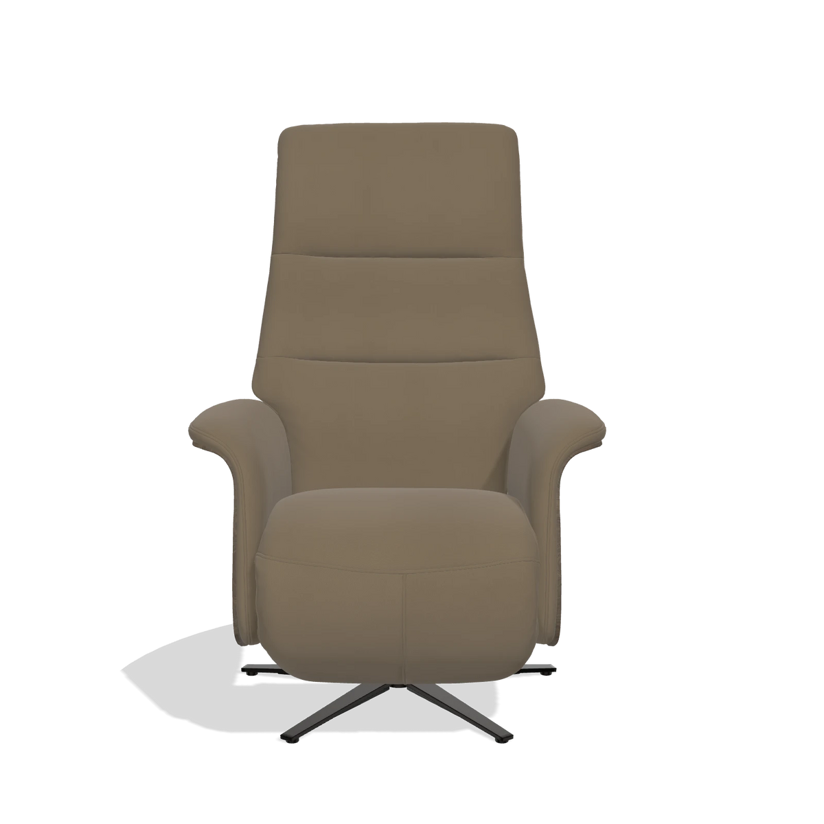 Recliner Atlas 6685 in Leather B901 (olive), walnut wood side panels, black metal base, front view