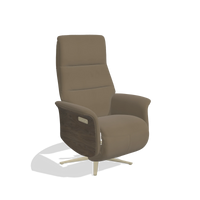 Recliner Atlas 6685 in Leather B901 (olive), walnut wood side panels, champagne metal base, angled view