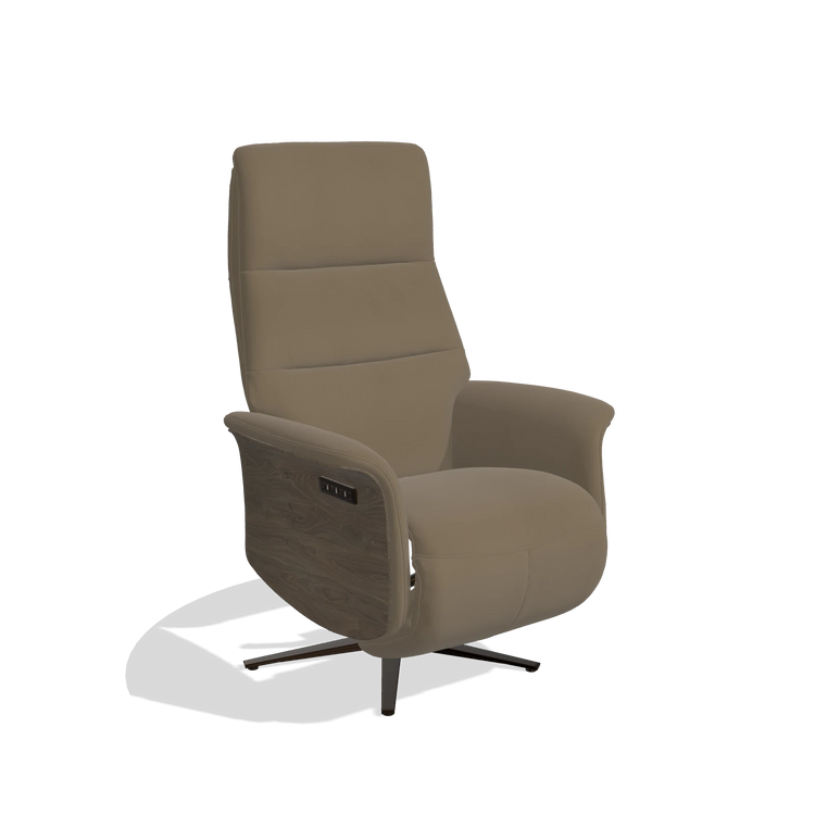 Recliner Atlas 6685 in Leather B901 (olive), walnut wood side panels, espresso metal base, angled view