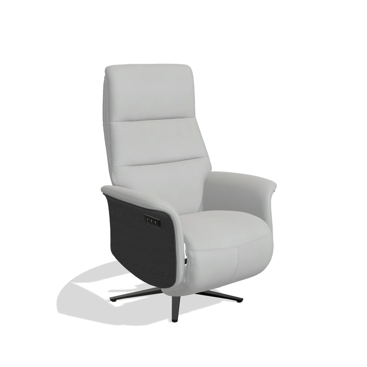 Recliner Atlas 6685 in Leather B904 (light grey), black wood side panels, black metal base, angled view