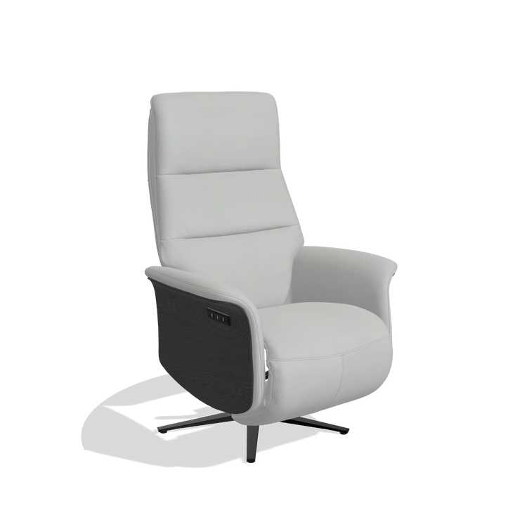 Recliner Atlas 6685 in Leather B904 (light grey), black wood side panels, black metal base, angled view