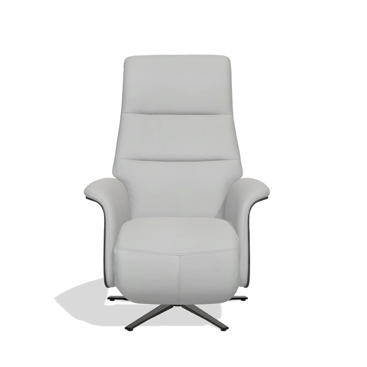 Recliner Atlas 6685 in Leather B904 (light grey), black wood side panels, black metal base, front view