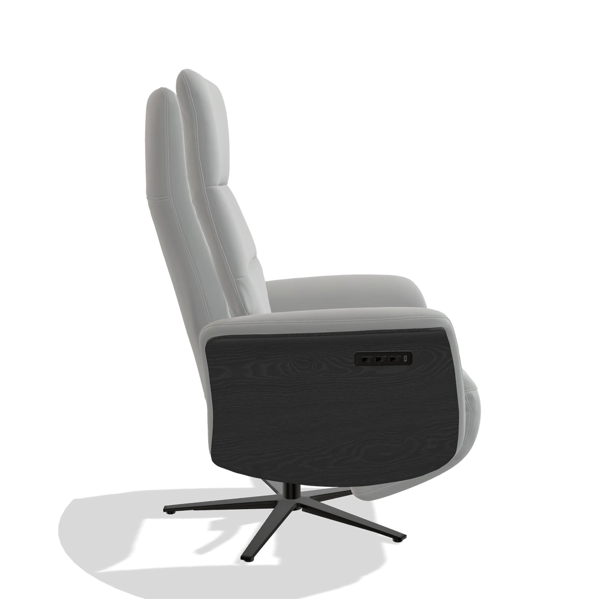 Recliner Atlas 6685 in Leather B904 (light grey), black wood side panels, black metal base, side view