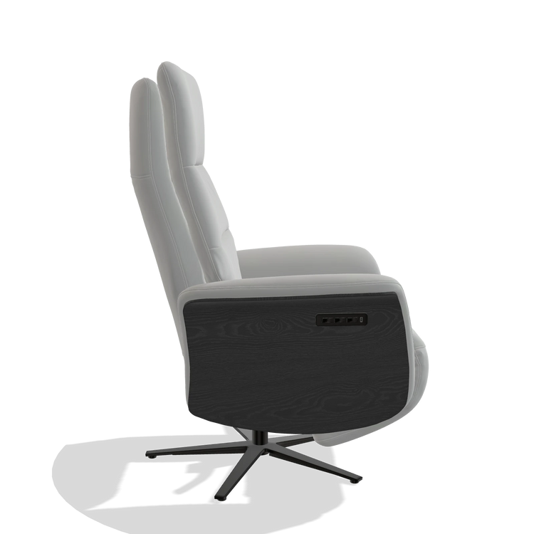 Recliner Atlas 6685 in Leather B904 (light grey), black wood side panels, black metal base, side view