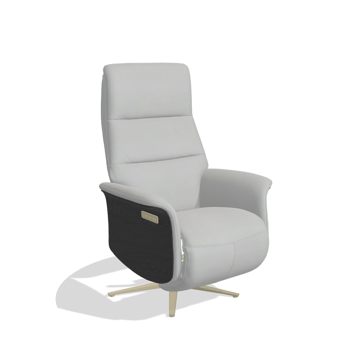 Recliner Atlas 6685 in Leather B904 (light grey), black wood side panels, champagne metal base, angled view