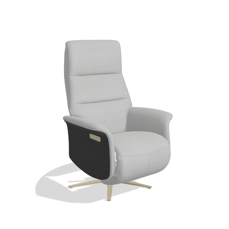 Recliner Atlas 6685 in Leather B904 (light grey), black wood side panels, champagne metal base, angled view