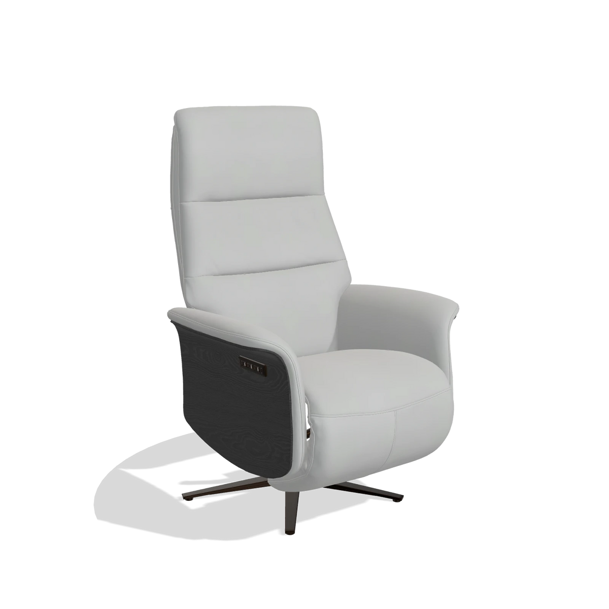 Recliner Atlas 6685 in Leather B904 (light grey), black wood side panels, espresso metal base, angled view