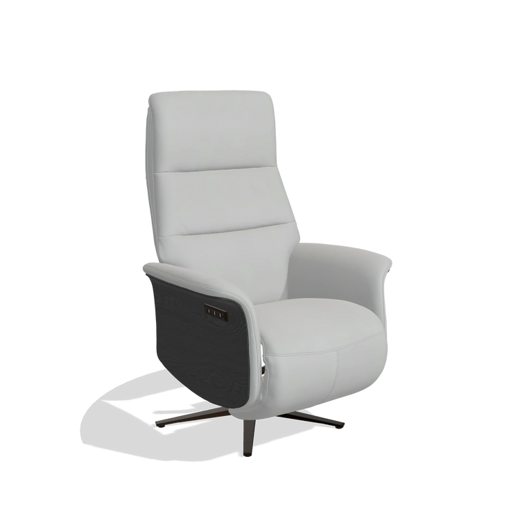 Recliner Atlas 6685 in Leather B904 (light grey), black wood side panels, espresso metal base, angled view