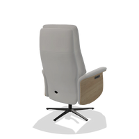 Recliner Atlas 6685 in Leather B904 (light grey), natural wood side panels, black metal base, back angled view