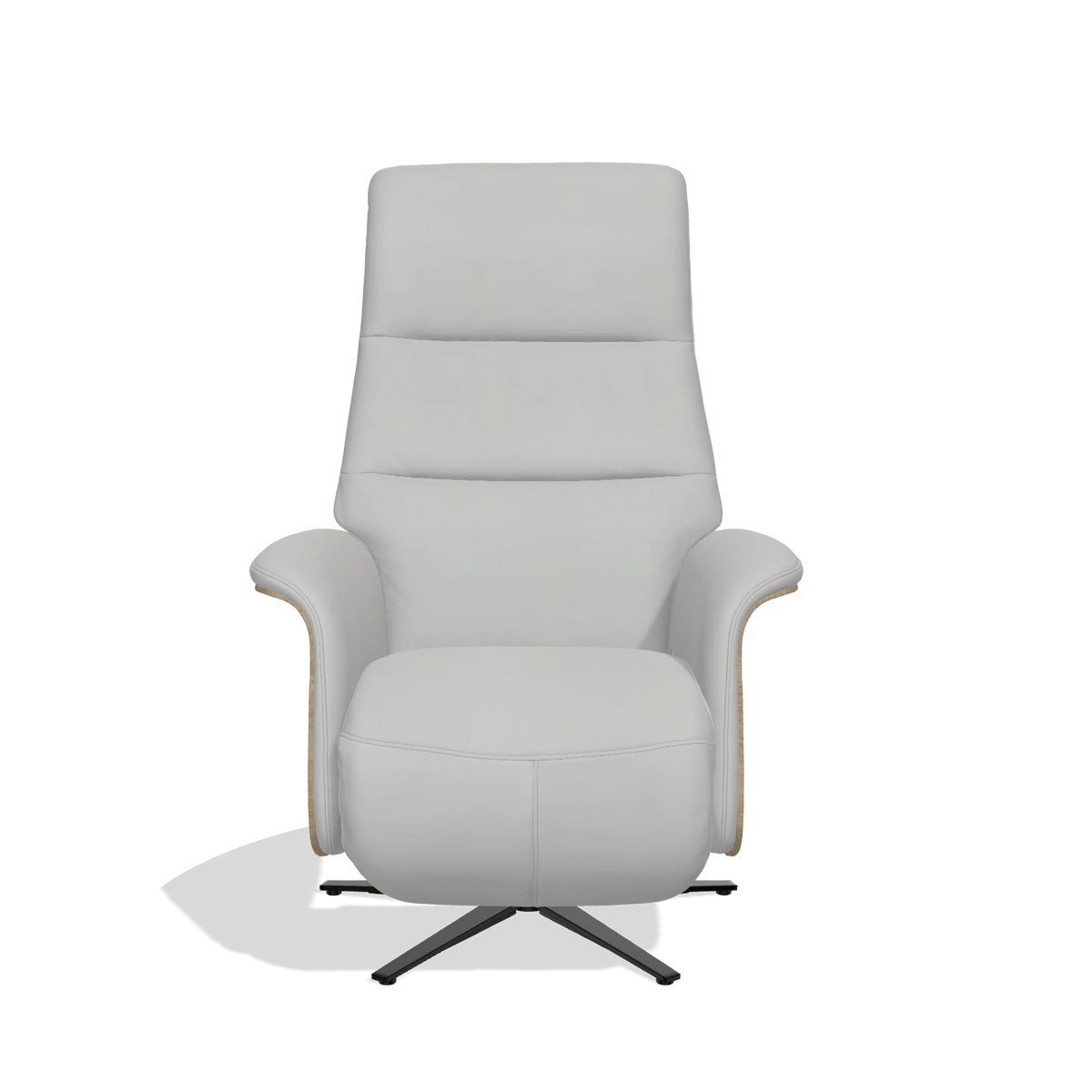 Recliner Atlas 6685 in Leather B904 (light grey), natural wood side panels, black metal base, front view