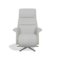 Recliner Atlas 6685 in Leather B904 (light grey), natural wood side panels, black metal base, front view