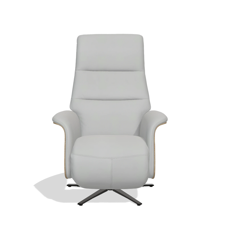 Recliner Atlas 6685 in Leather B904 (light grey), natural wood side panels, black metal base, front view