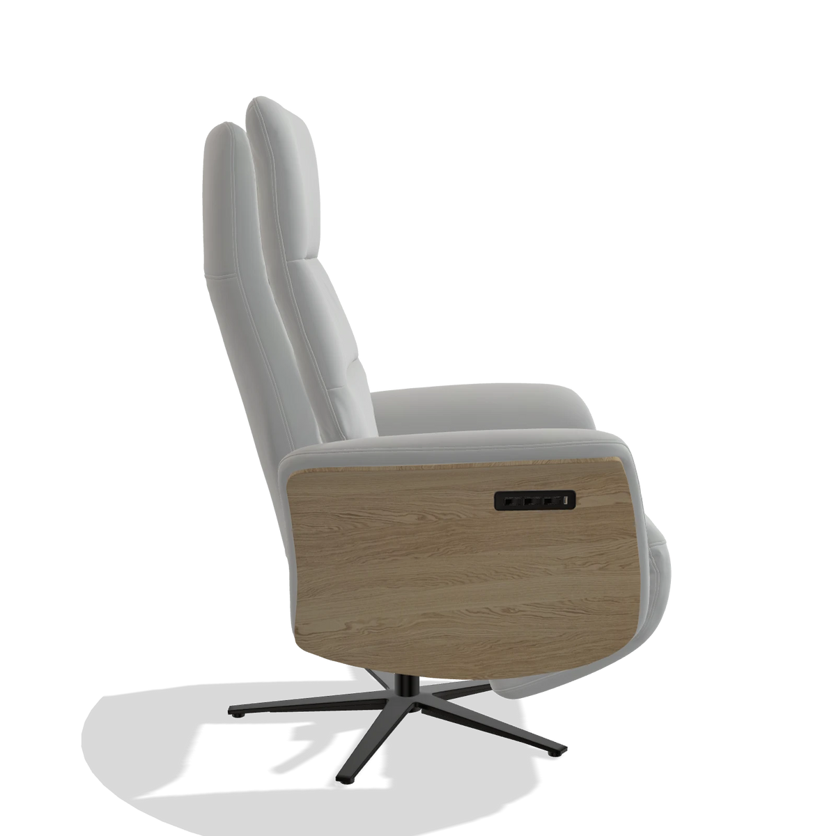 Recliner Atlas 6685 in Leather B904 (light grey), natural wood side panels, black metal base, side view