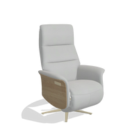 Recliner Atlas 6685 in Leather B904 (light grey), natural wood side panels, champagne metal base, angled view