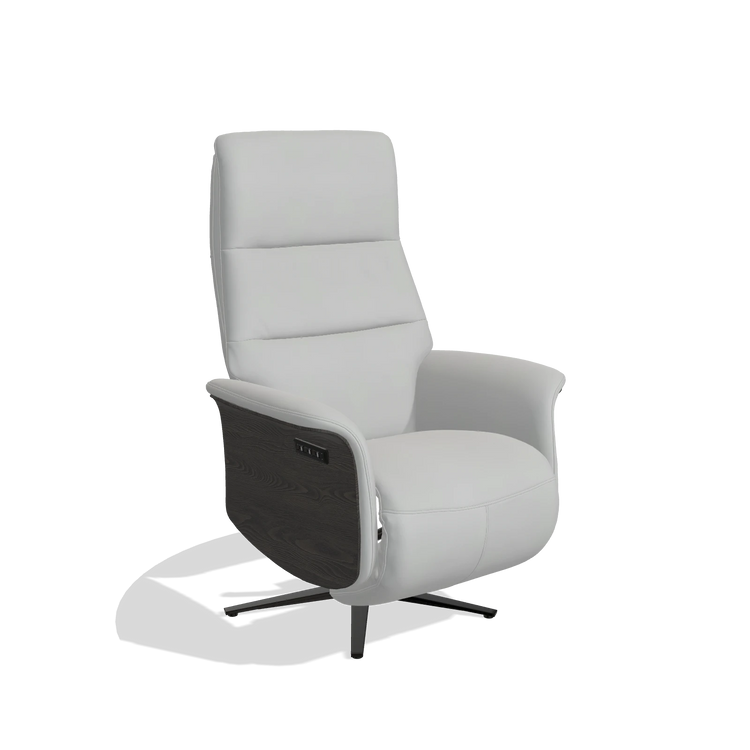 Recliner Atlas 6685 in Leather B904 (light grey), tobacco wood side panels, black metal base, angled view