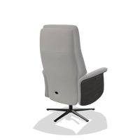 Recliner Atlas 6685 in Leather B904 (light grey), tobacco wood side panels, black metal base, back angled view