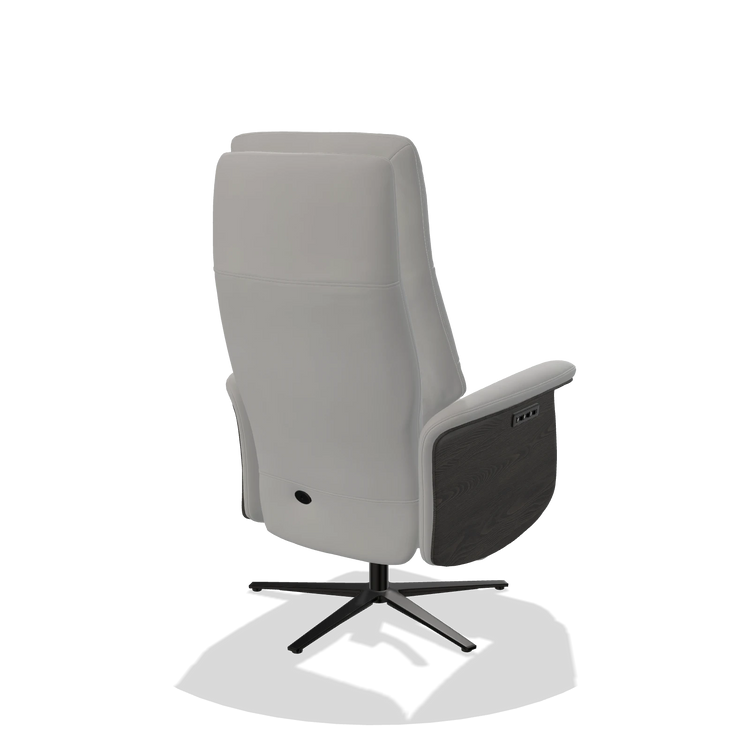 Recliner Atlas 6685 in Leather B904 (light grey), tobacco wood side panels, black metal base, back angled view