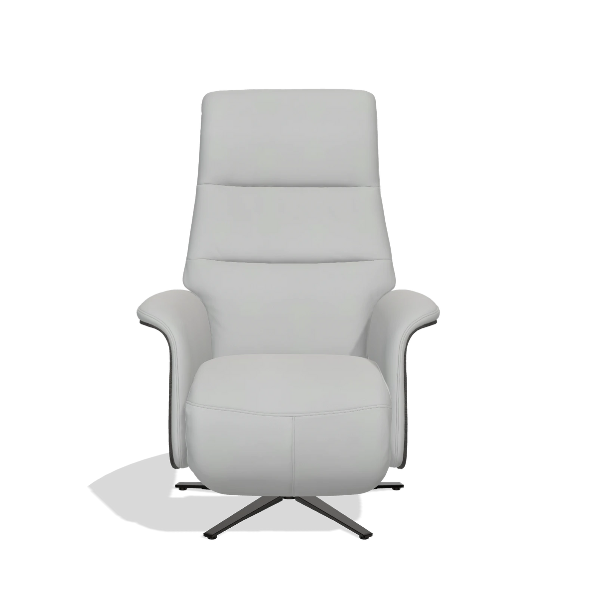 Recliner Atlas 6685 in Leather B904 (light grey), tobacco wood side panels, black metal base, front view