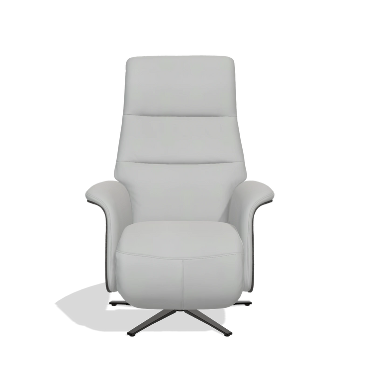 Recliner Atlas 6685 in Leather B904 (light grey), tobacco wood side panels, black metal base, front view