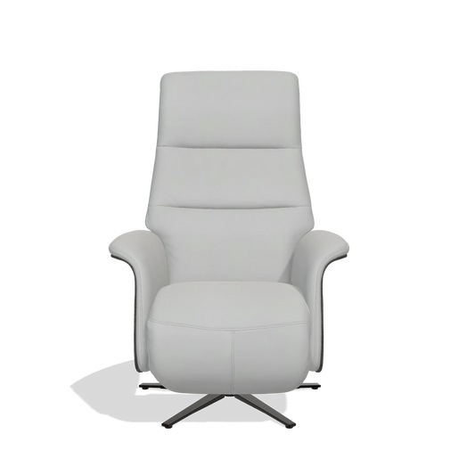 Sillón reclinable Atlas 6685 en Piel B904 (gris claro), paneles laterales de madera en tabaco, base metálica en negro, vista frontal
